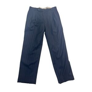 vtg Y2K Bespoke 34x32 Navy Blue Gray Stripe Dress Pants Trousers Pleated Cuffed